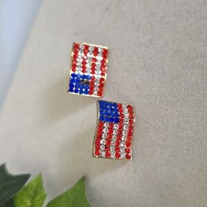 Gold American Flag Earrings with Red White and Blue Rhinestones